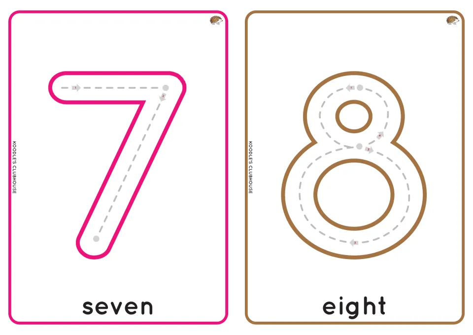 Numbers 7 and 8 tracing cards: students trace 7 in two strokes and 8 along a looping dashed path, words seven and eight
