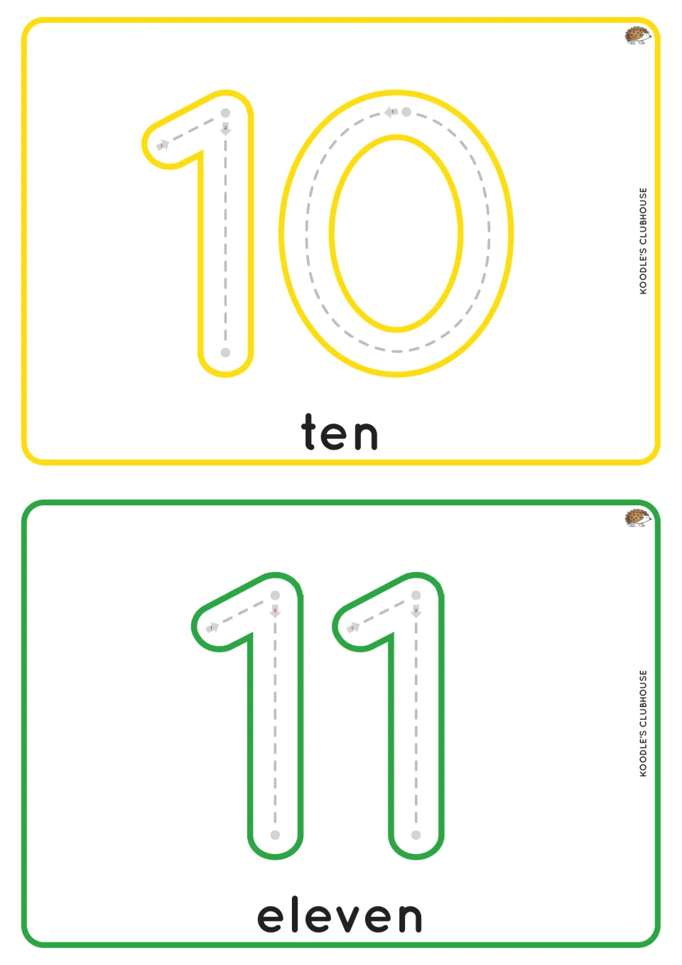 Numbers 10 and 11 tracing cards: two-digit numerals with dashed stroke paths and arrows, labeled ten and eleven