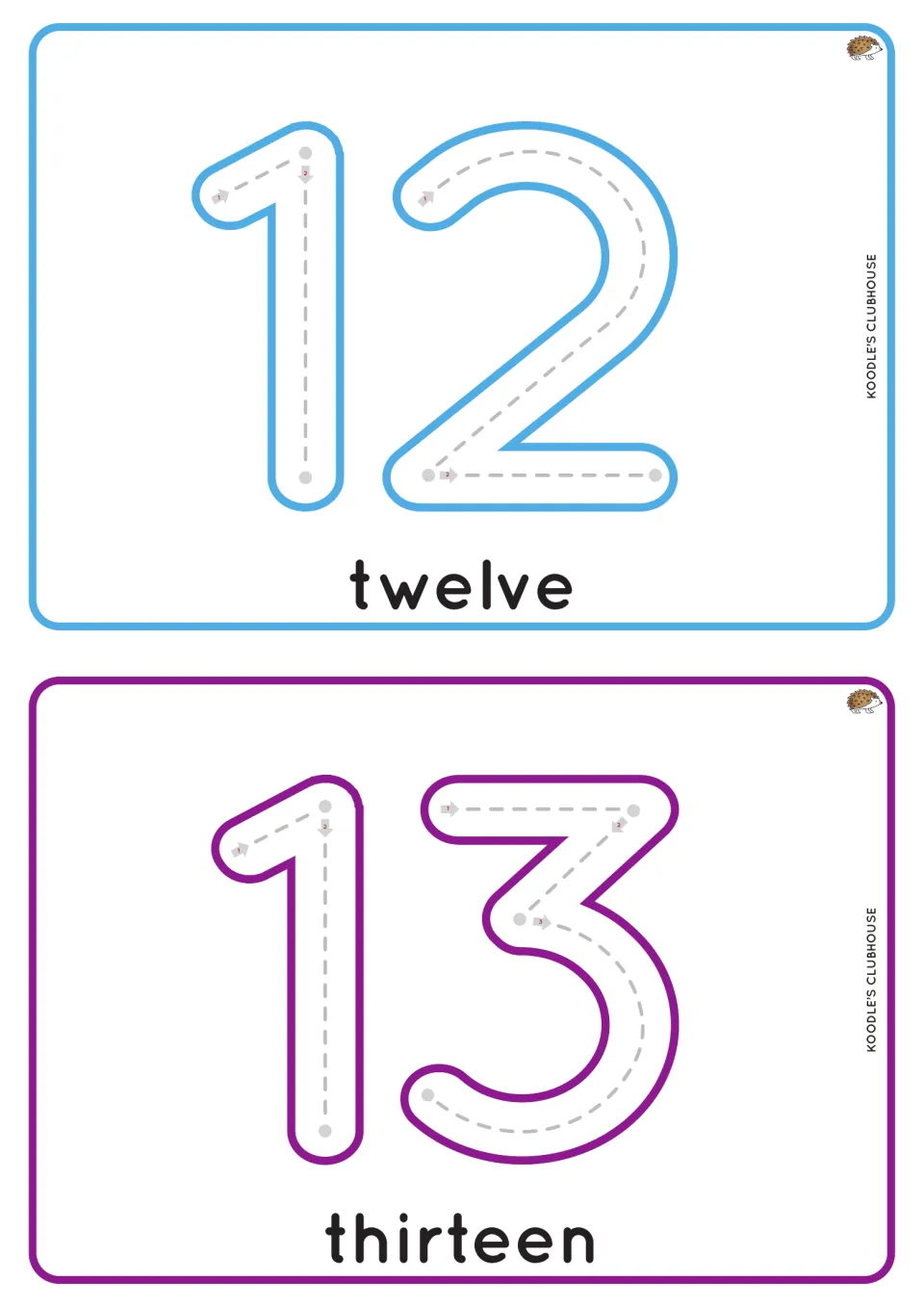 Numbers 12 and 13 tracing cards: students trace each digit of 12 and 13 in stroke order, with the words twelve and thirteen