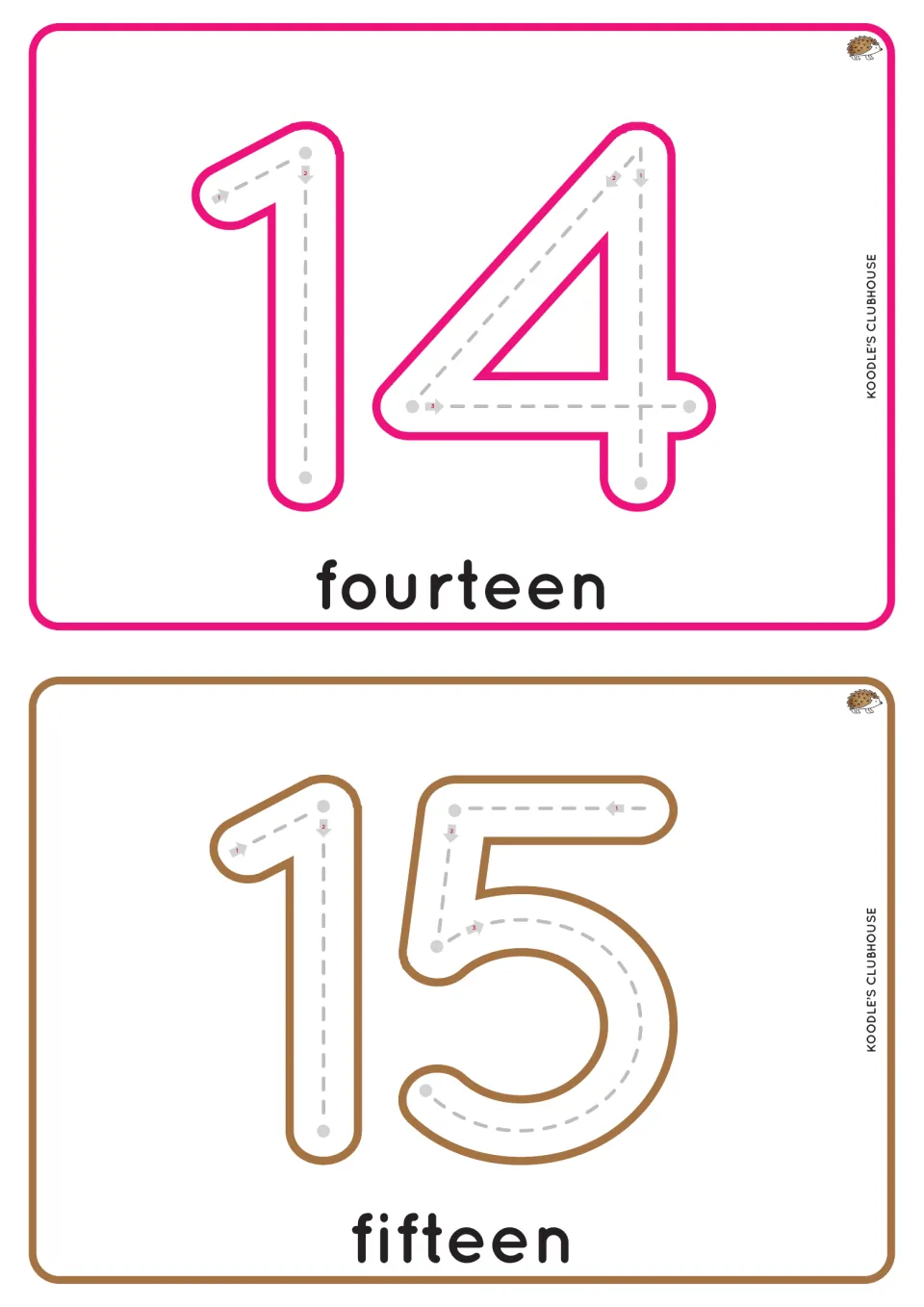 Numbers 14 and 15 tracing cards: students follow numbered arrows to write 14 and 15 and read fourteen and fifteen