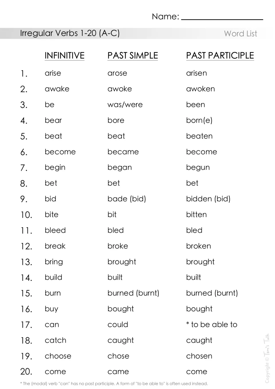 Irregular verbs 1-20 (A-C) word list to study: infinitive, past simple and past participle of verbs from arise to come