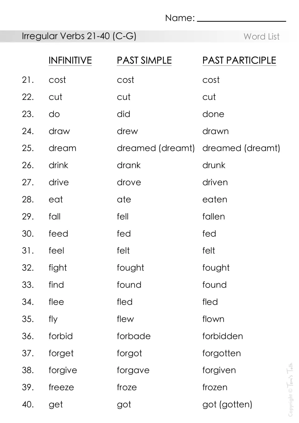 Irregular verbs 21-40 (C-G) word list of three verb forms, e.g. do/did/done, eat/ate/eaten and fly/flew/flown