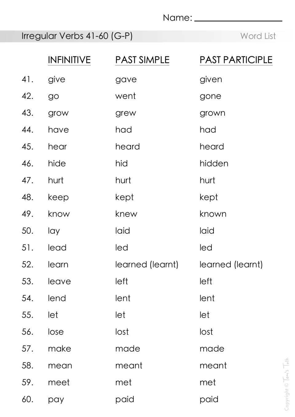 Irregular verbs 41-60 (G-P) word list: base, past simple and past participle forms like go/went/gone and know/knew/known