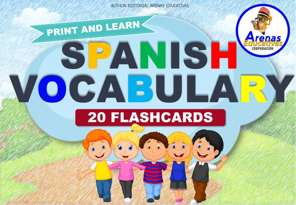 Spanish Vocabulary cover: Print and Learn, 20 flashcards, by Editorial Arenas Educativas, with five cartoon children