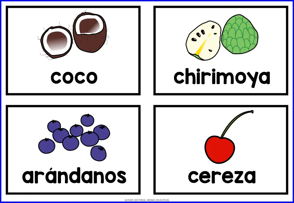 Spanish fruit flashcards: coco, chirimoya, arándanos and cereza, each word under a color picture of the fruit
