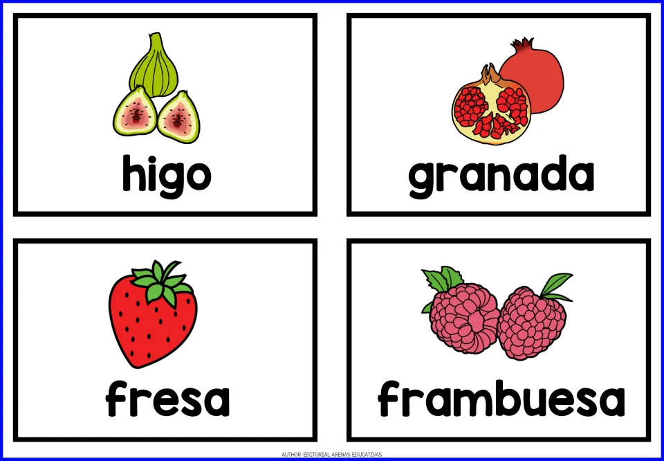 Fruit vocabulary cards in Spanish: higo, granada, fresa and frambuesa, each word shown below a drawing of the fruit