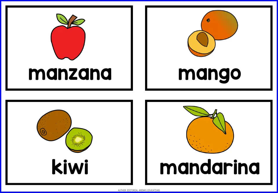 Spanish fruit words manzana, mango, kiwi and mandarina on four picture cards for naming and matching practice