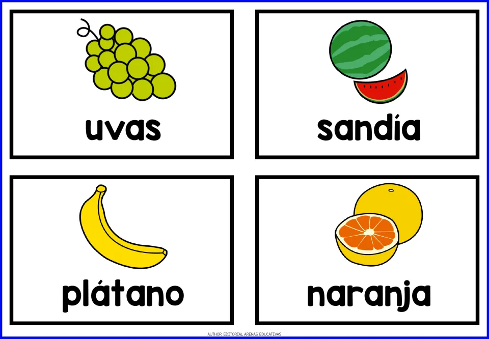 Picture cards for uvas, sandía, plátano and naranja: students say or match each Spanish fruit name to its drawing