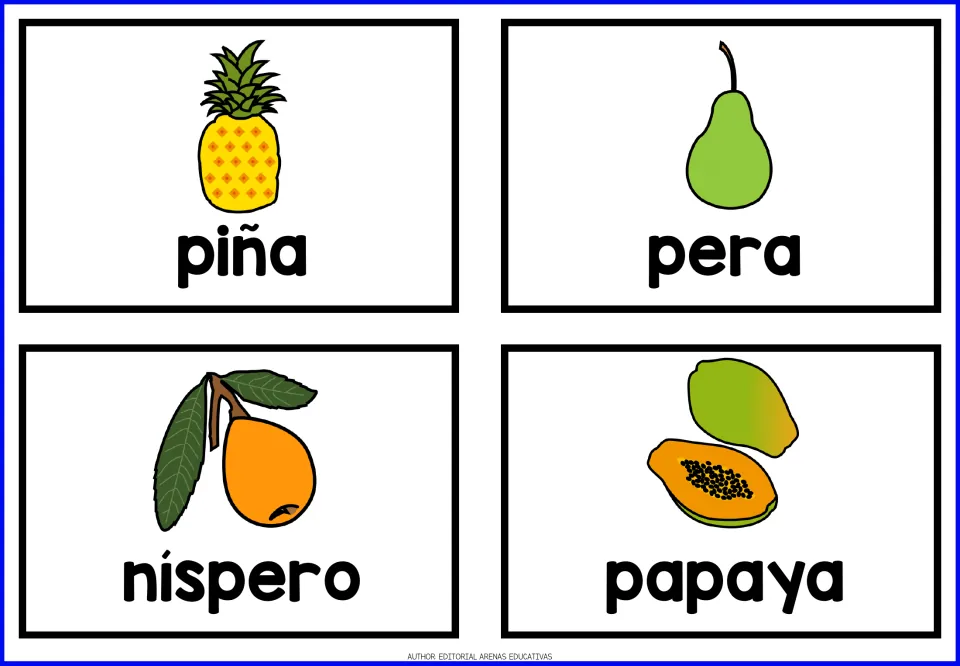 Last set of fruit cards: piña, pera, níspero and papaya, each Spanish word printed under a picture of the fruit