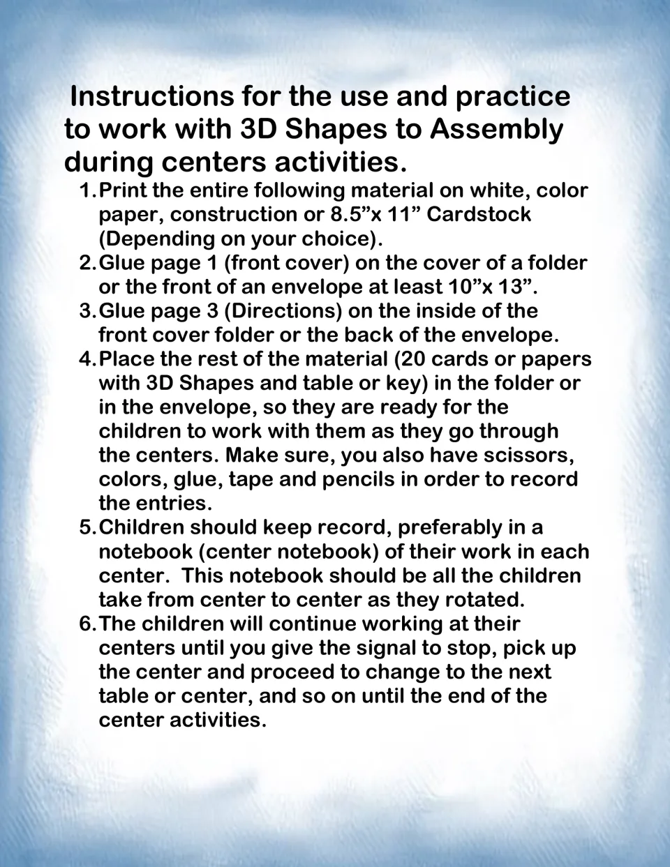 Teacher setup for a 3D shapes center: print on cardstock, glue cover and directions to a folder, add cards and supplies