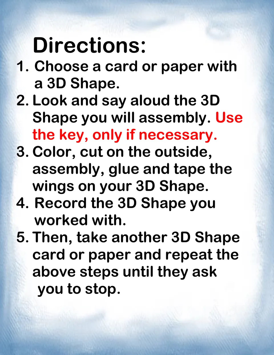 Student directions: choose a 3D shape card, name it aloud, then color, cut, fold, glue and tape it and record the shape
