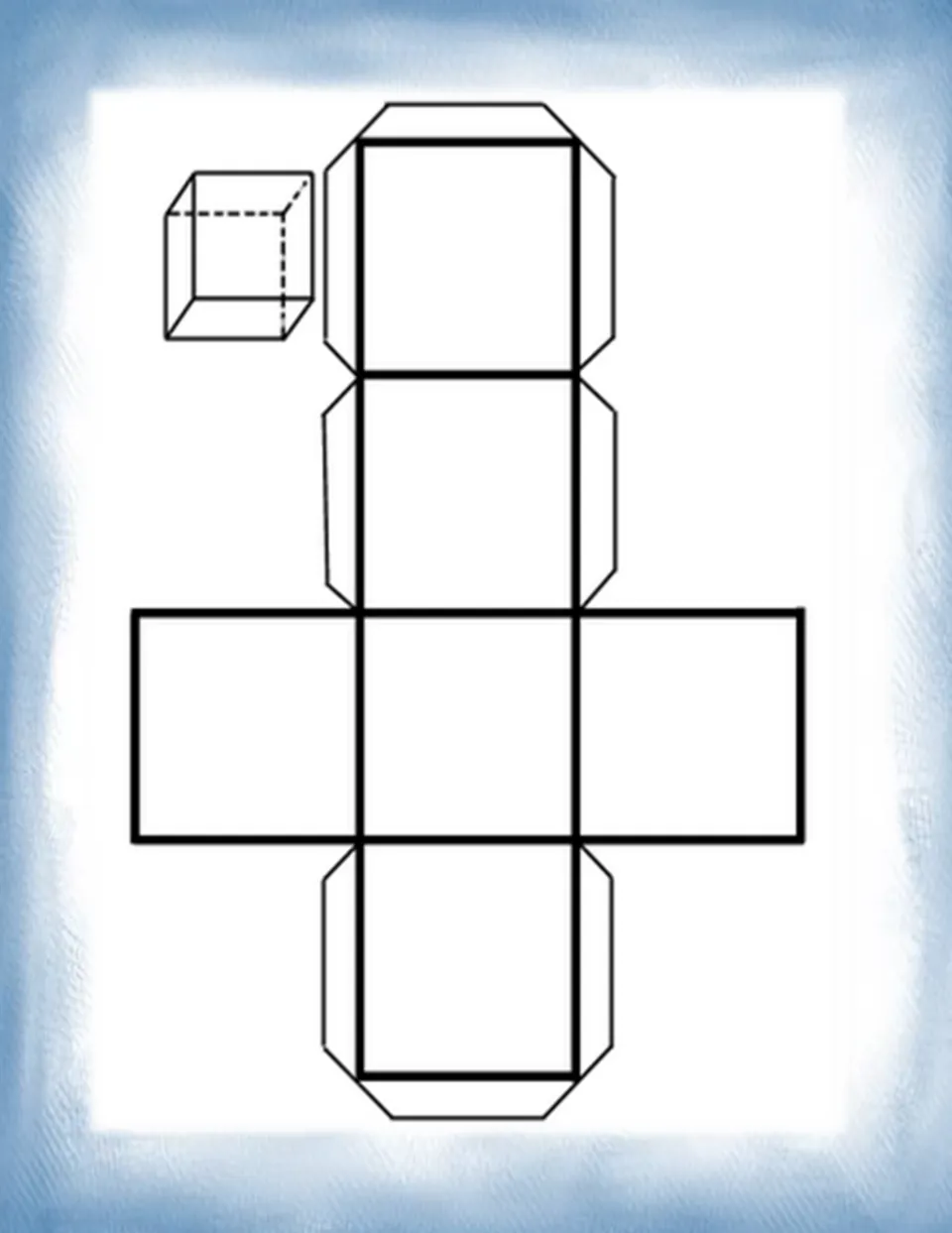 Cube net: students color, cut out and fold six square faces with glue tabs into a cube, matching the small 3D sketch