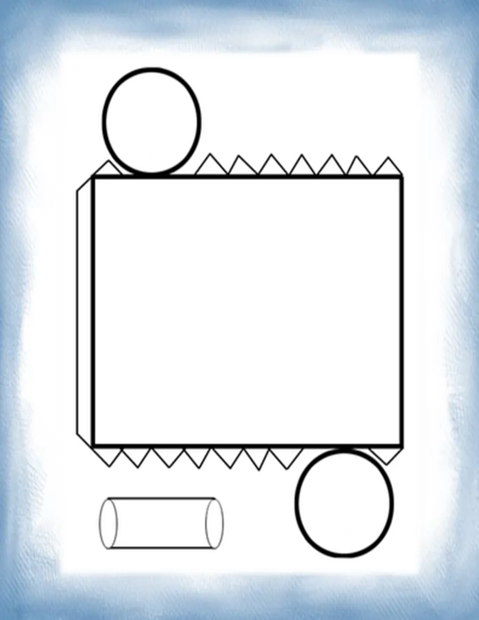Cylinder net: a rectangle with zigzag glue tabs and two circle bases that students cut out and roll into a cylinder
