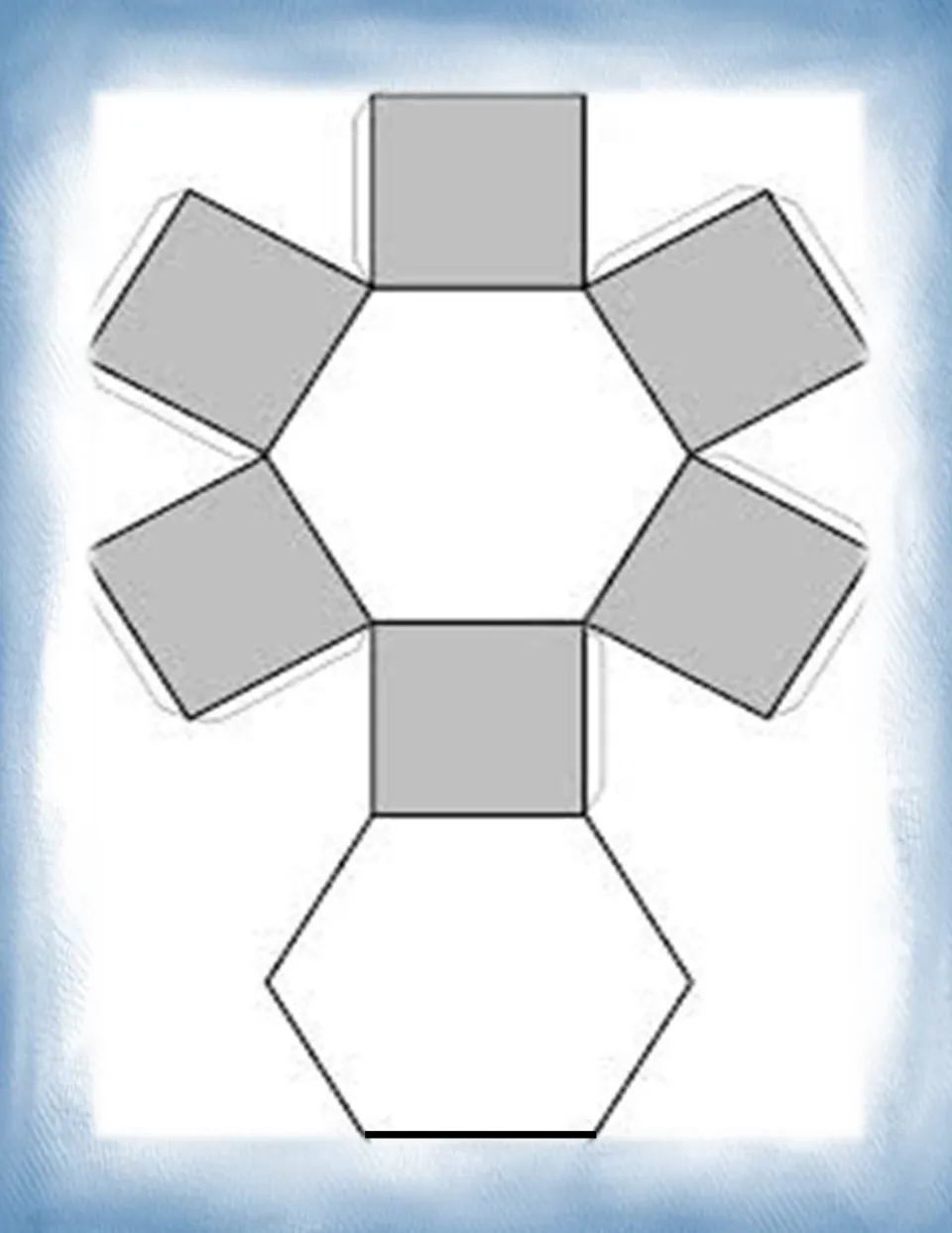 Hexagonal prism net: two hexagon bases joined by six gray square side faces for students to cut out and fold together