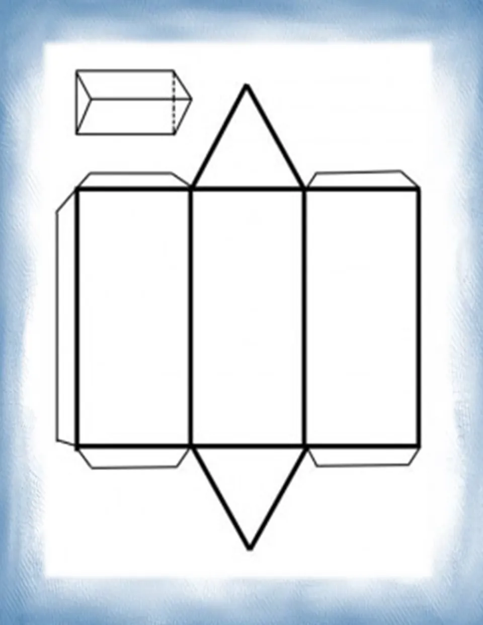 Triangular prism net: three rectangles and two triangle ends with glue tabs, plus a small prism sketch to match when built