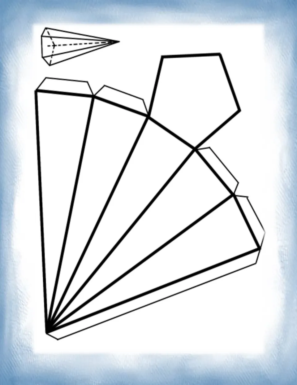 Pentagonal pyramid net: five long triangle faces fanning from one point plus a pentagon base, with tabs to fold and glue