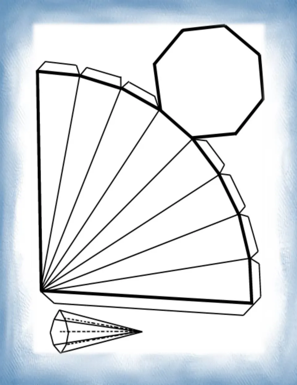 Octagonal pyramid net: eight narrow triangle faces fanning from one point and an octagon base for students to assemble