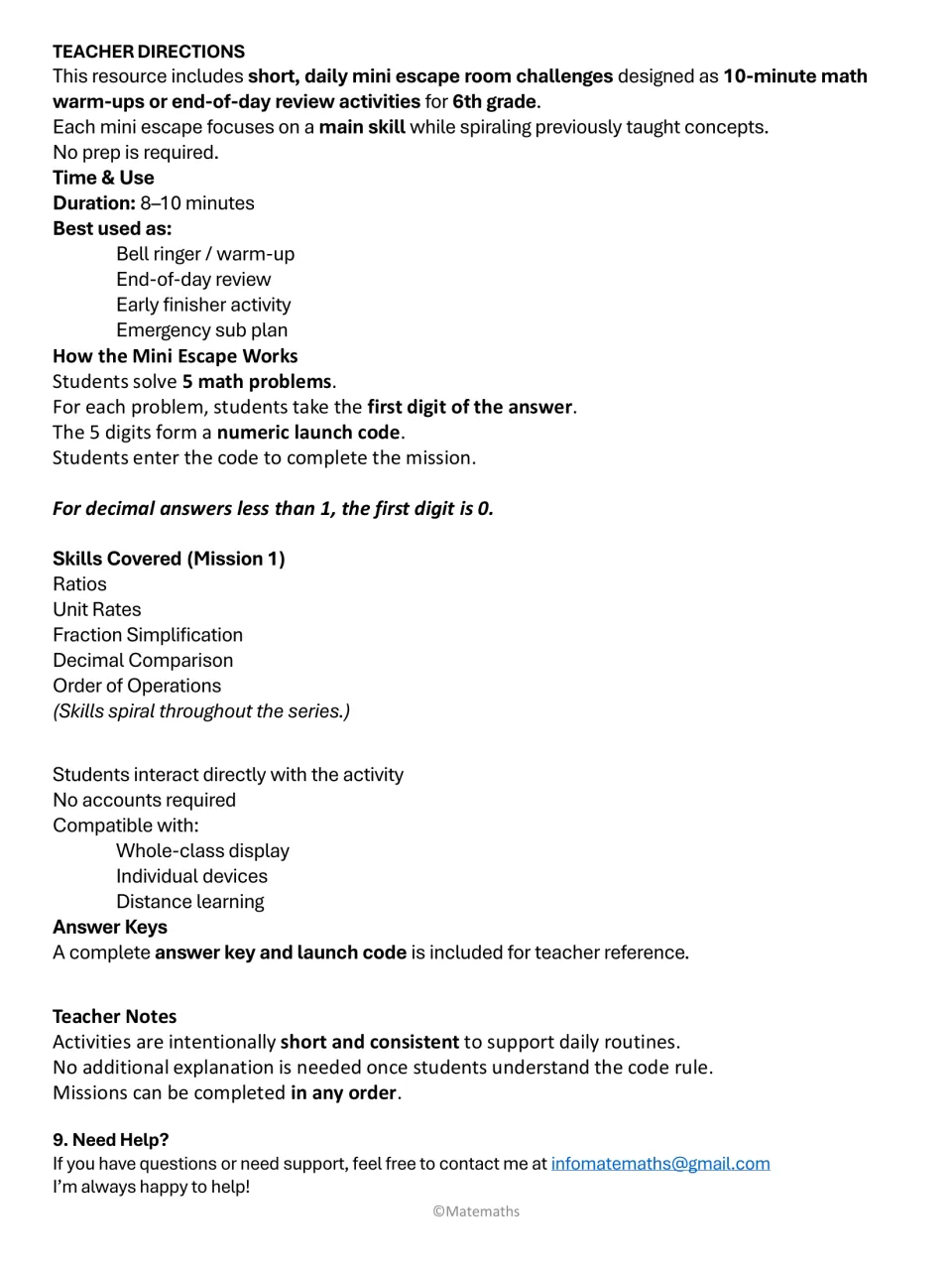 Teacher directions: 8–10 minute escape routine, launch code rule and Mission 1 skills from ratios to order of operations