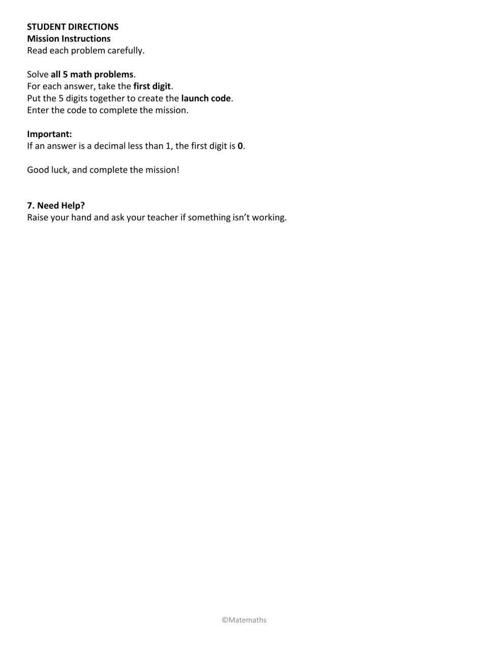 Student directions: solve 5 problems, take each answer's first digit and combine them into the launch code to finish