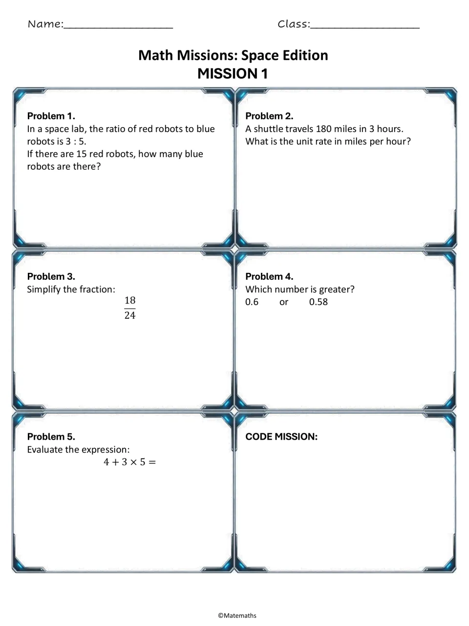 Mission 1 problems: ratio of robots, shuttle unit rate, simplify 18/24, compare 0.6 and 0.58, and evaluate 4 + 3 × 5