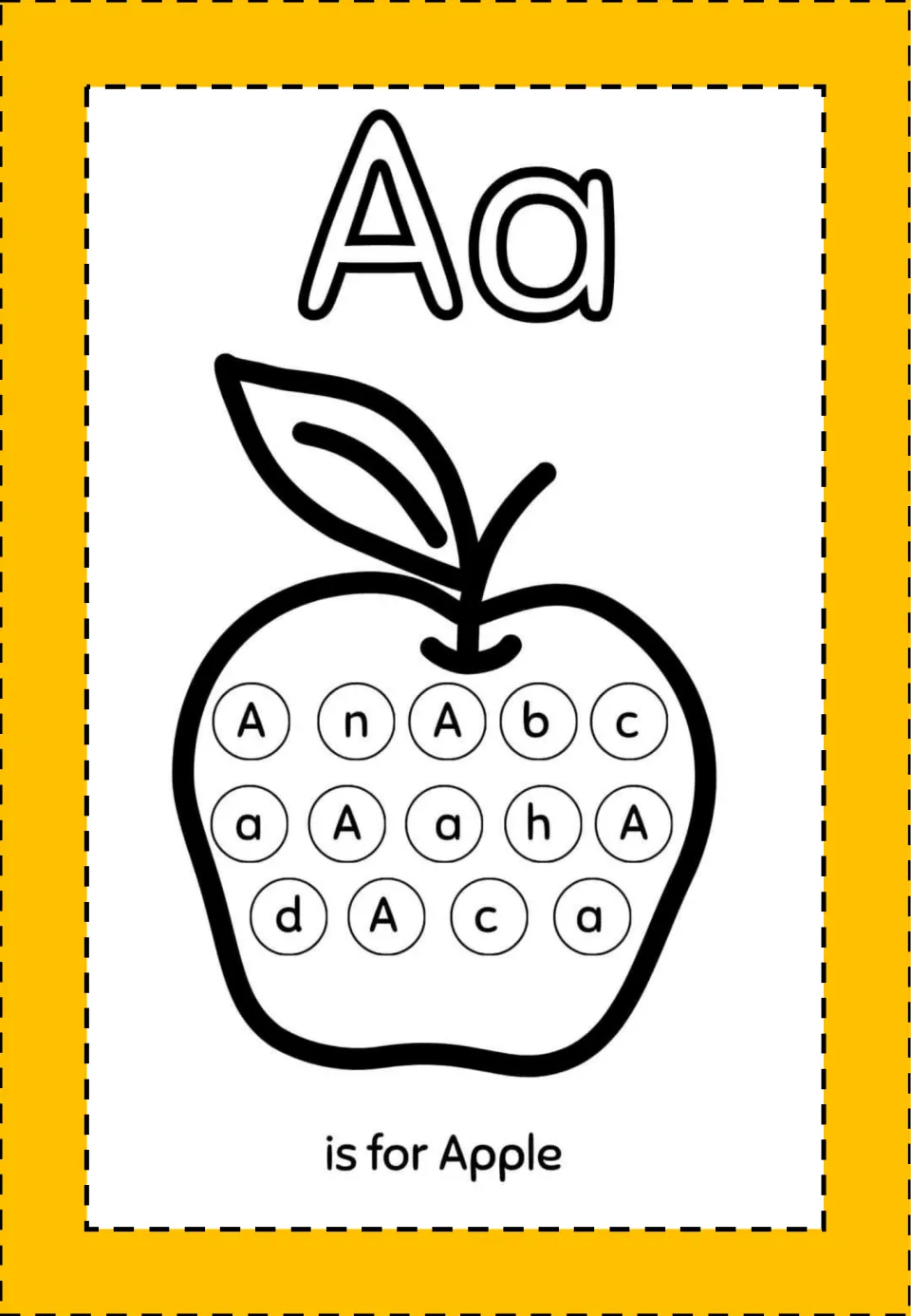Alphabet mini book activity for Aa: an apple containing mixed letters A and a to identify, labeled 'is for Apple'