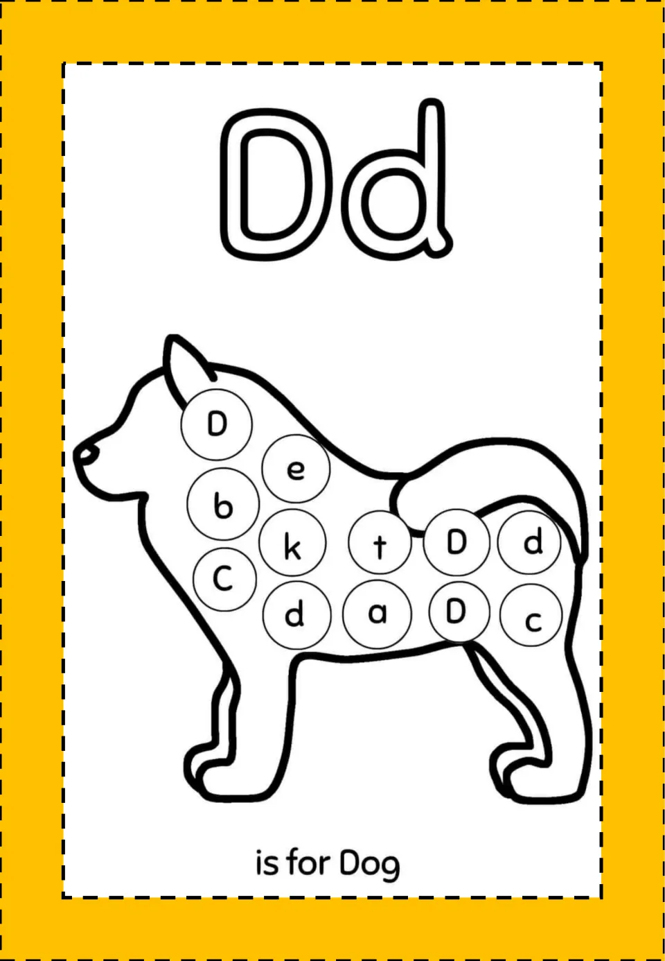 Alphabet mini book activity for Dd: a dog containing uppercase D, lowercase d, and other letters to identify