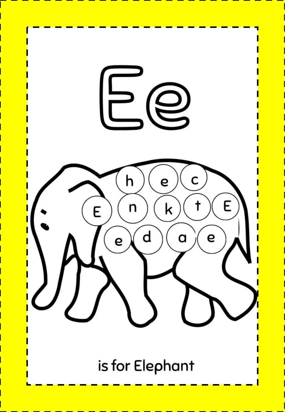 Alphabet mini book activity for Ee: an elephant containing E, e, and other letters, labeled 'is for Elephant'