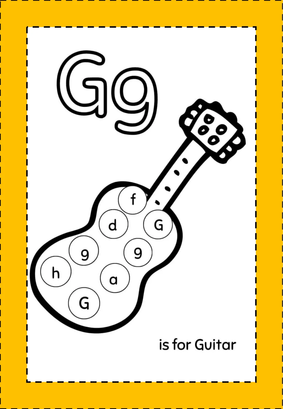 Alphabet mini book activity for Gg: a guitar containing G, g, and other letters, labeled 'is for Guitar'