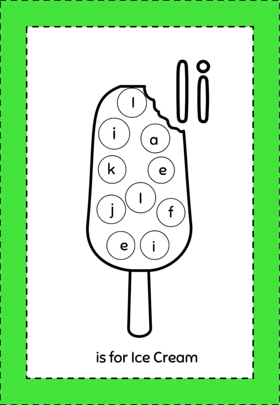 Alphabet mini book activity for Ii: an ice cream bar containing I, i, and other letters to identify