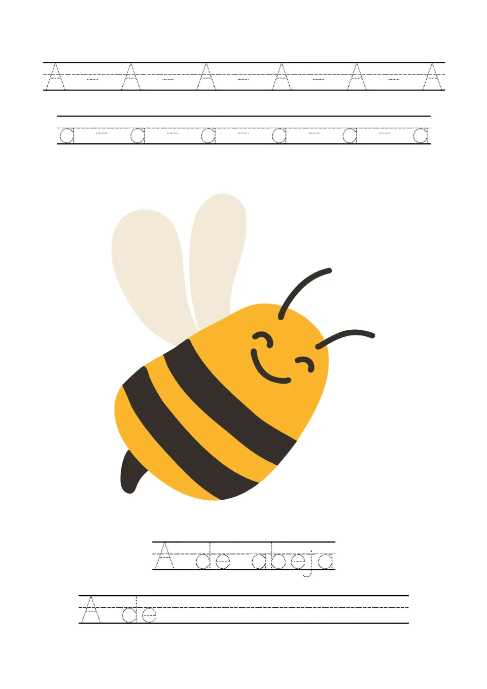 Letter A handwriting: students trace uppercase A and lowercase a, then trace 'A de abeja' under a bee and finish 'A de'