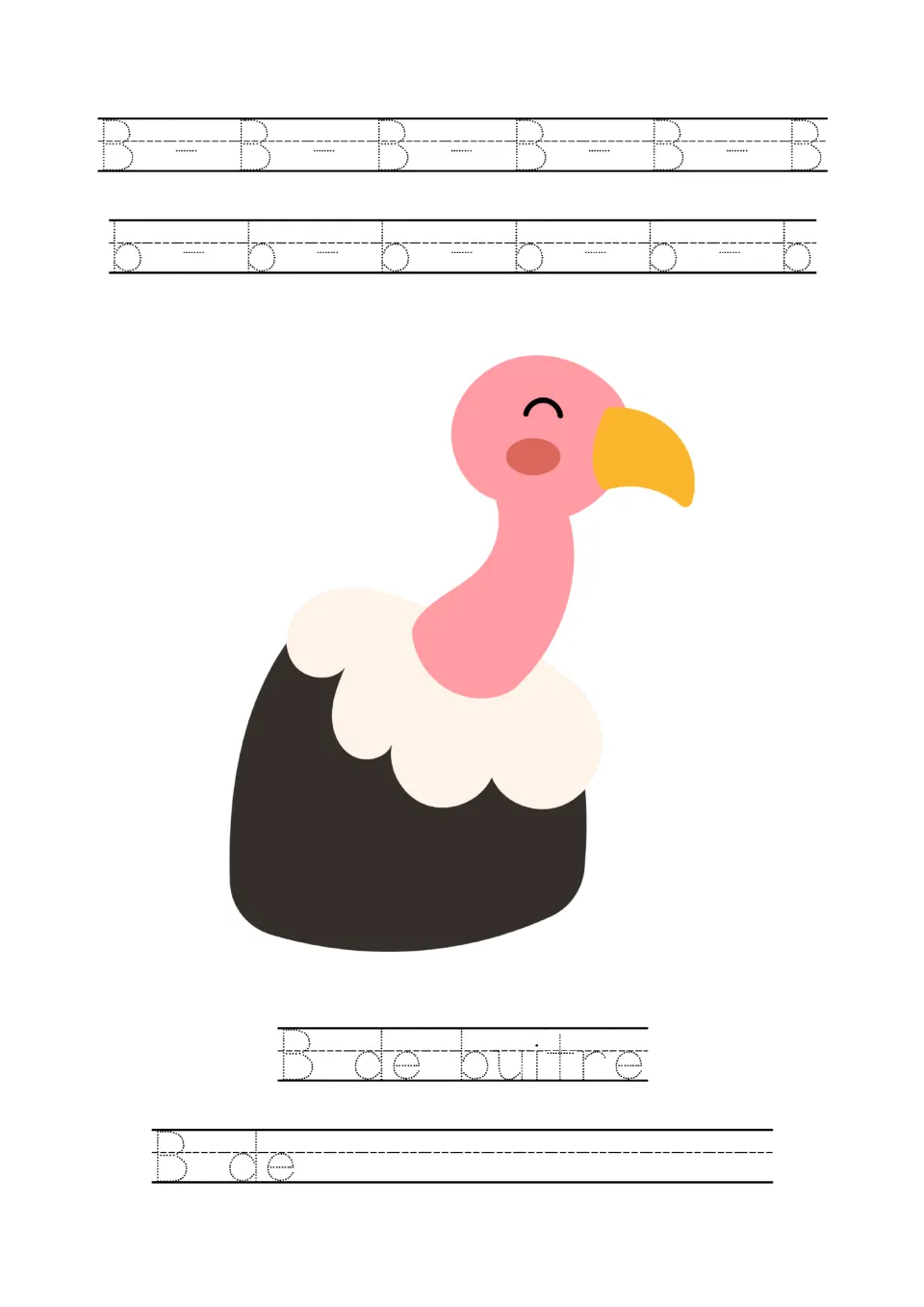 Letter B tracing: students trace B and b rows, trace 'B de buitre' beside a vulture, then write their own 'B de' line