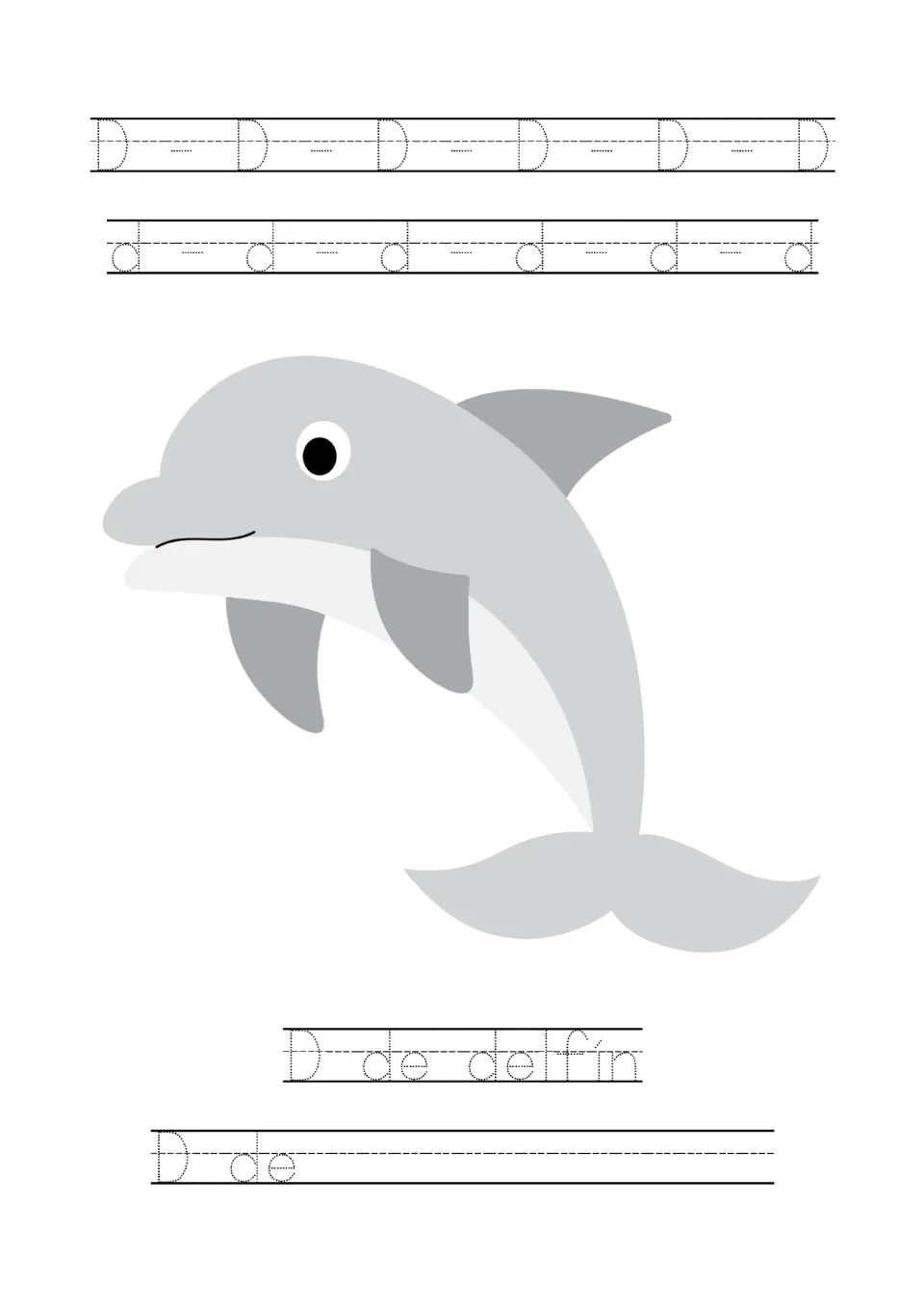Letter D page: students trace uppercase D and lowercase d, trace 'D de delfín' beside a leaping dolphin and finish 'D de'
