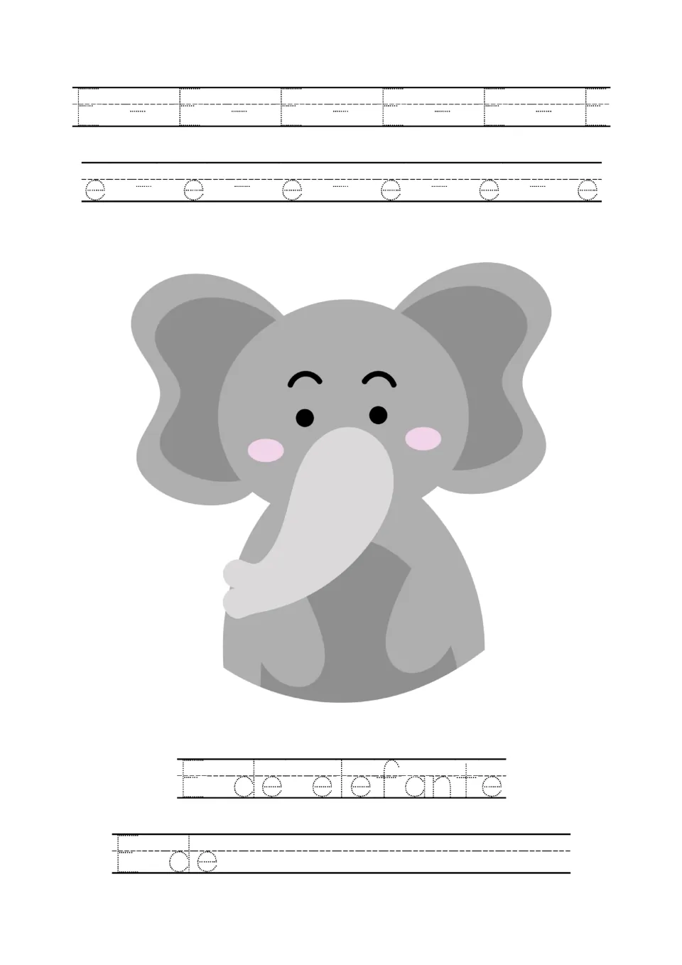 Letter E tracing: students trace E and e rows, then trace 'E de elefante' under an elephant and complete 'E de'