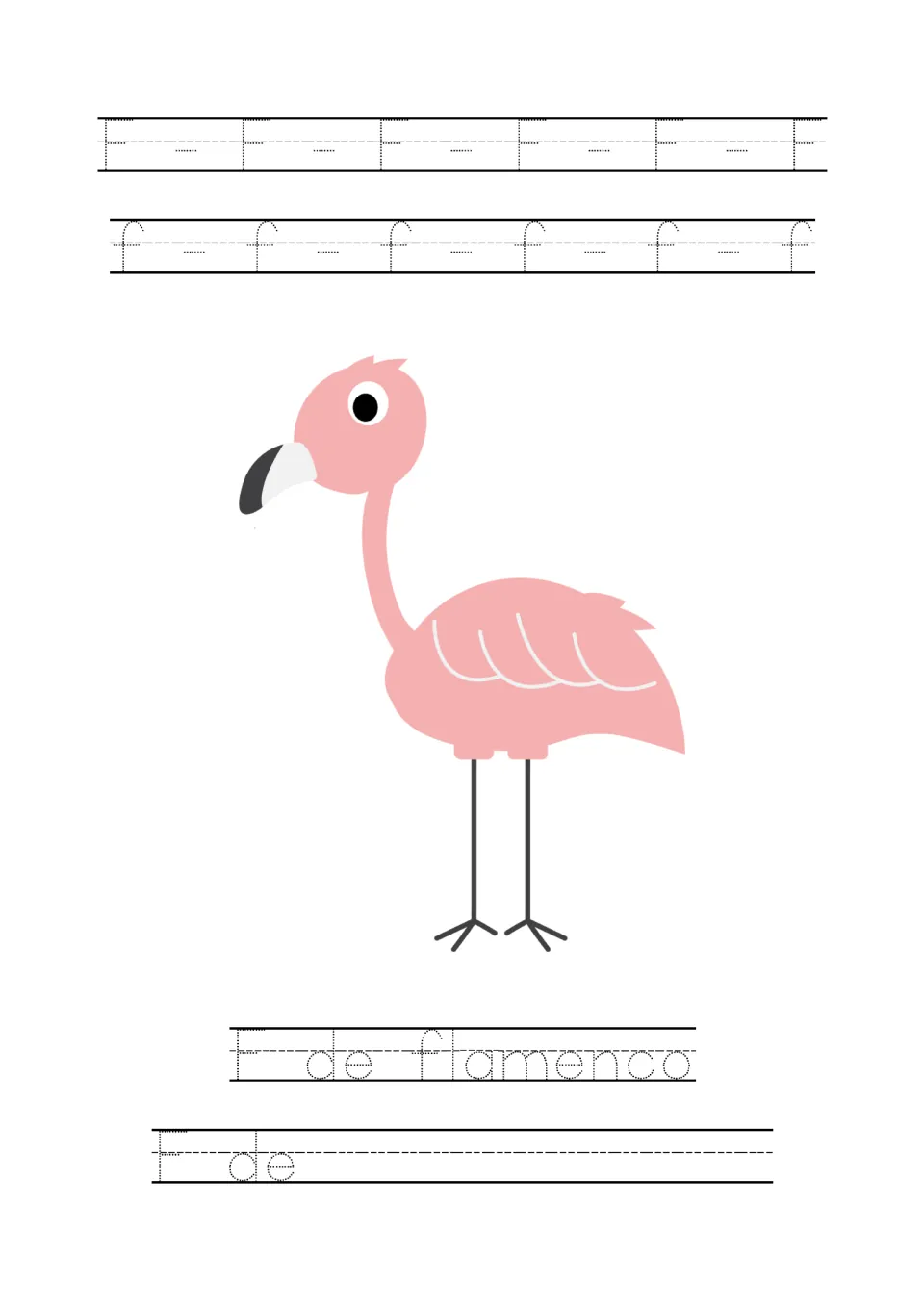 Letter F handwriting in Spanish: students trace F and f, trace 'F de flamenco' under a flamingo, then finish 'F de'