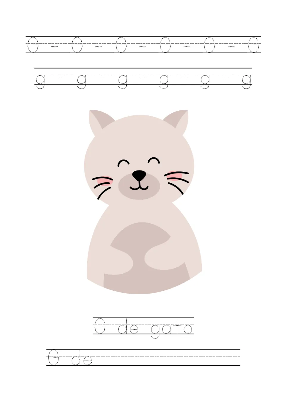Letter G page: students trace uppercase G and lowercase g, trace 'G de gato' under a smiling cat and complete 'G de'