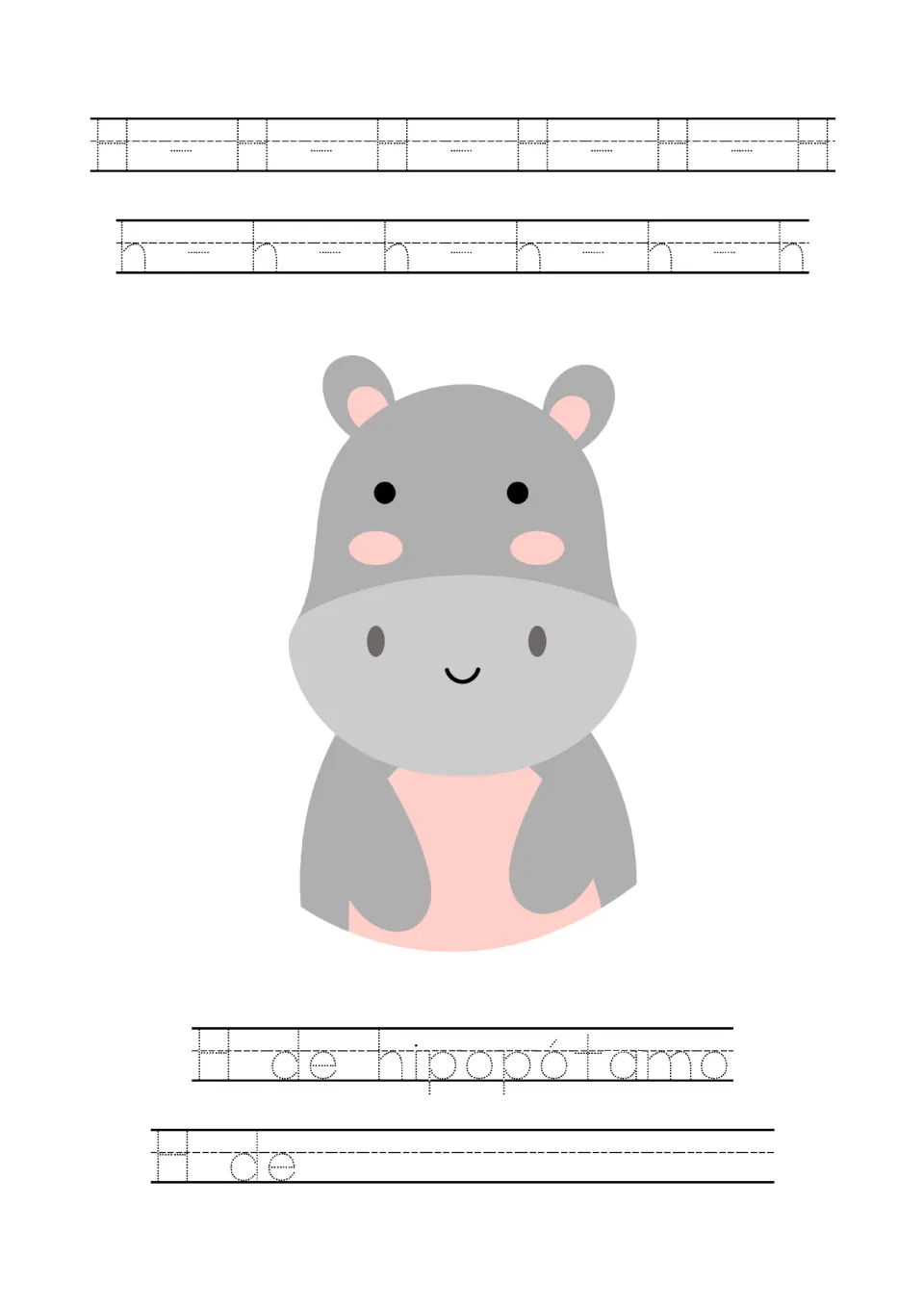 Letter H tracing: students trace H and h rows, trace 'H de hipopótamo' beside a hippo, then finish the 'H de' line