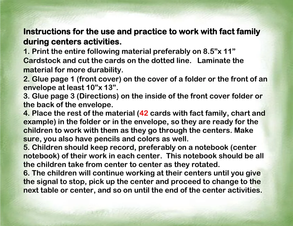 Teacher setup steps for the fact family center: print on cardstock, cut and laminate 42 cards, assemble folder, rotate groups