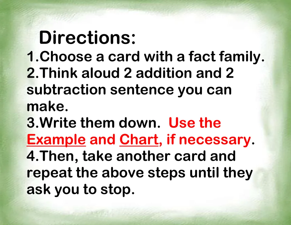 Student directions: choose a fact family card, think aloud 2 addition and 2 subtraction sentences, write them, then repeat