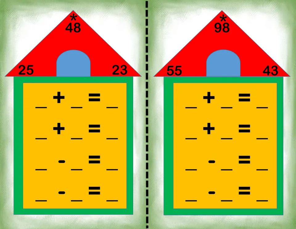 Fact family house cards for 25, 23, 48 and 55, 43, 98: students write two addition and two subtraction sentences for each
