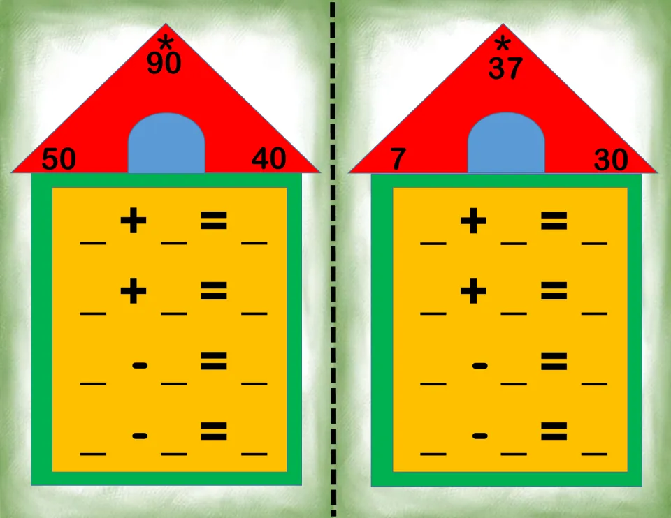 Fact family house cards for 50, 40, 90 and 7, 30, 37: students complete two addition and two subtraction facts per house