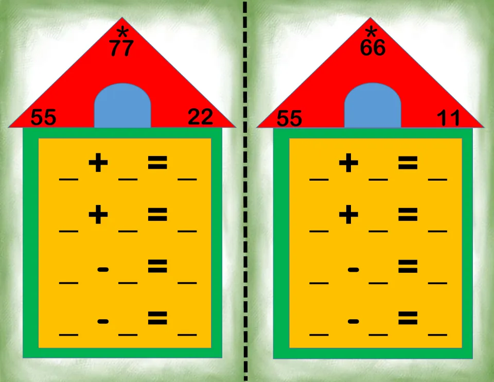 Fact family houses for 55, 22, 77 and 55, 11, 66: students fill in related addition and subtraction number sentences