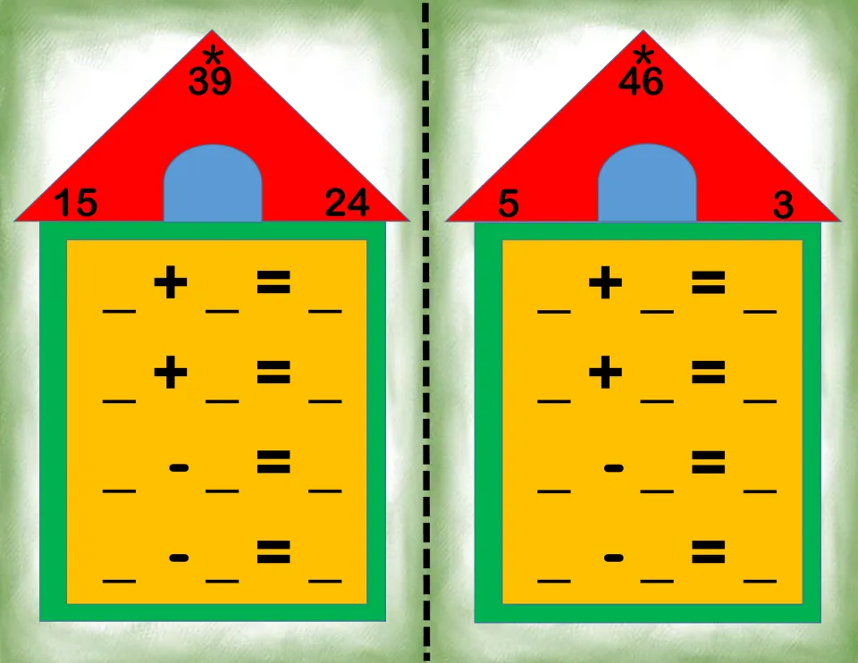 Fact family houses for 15, 24, 39 and 5, 3, 46: students record two addition and two subtraction sentences on each card