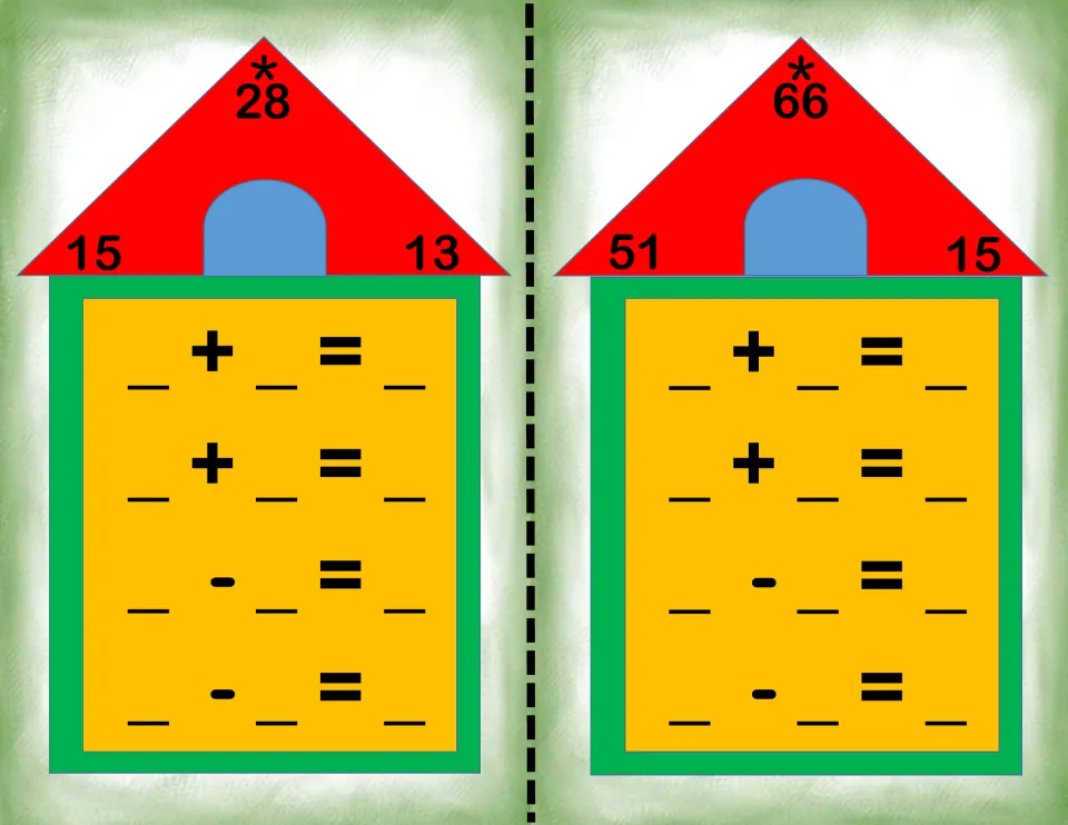 Fact family houses for 15, 13, 28 and 51, 15, 66: students write the matching addition and subtraction equations for each