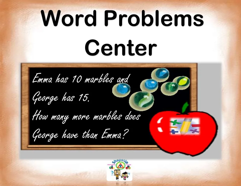 Word Problems Center cover: chalkboard asks how many more marbles George has than Emma, 15 versus 10, beside an apple