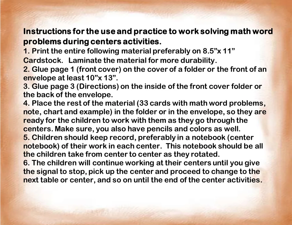 Teacher setup steps: print on cardstock, laminate, glue cover and directions to a folder, store 33 problem cards inside