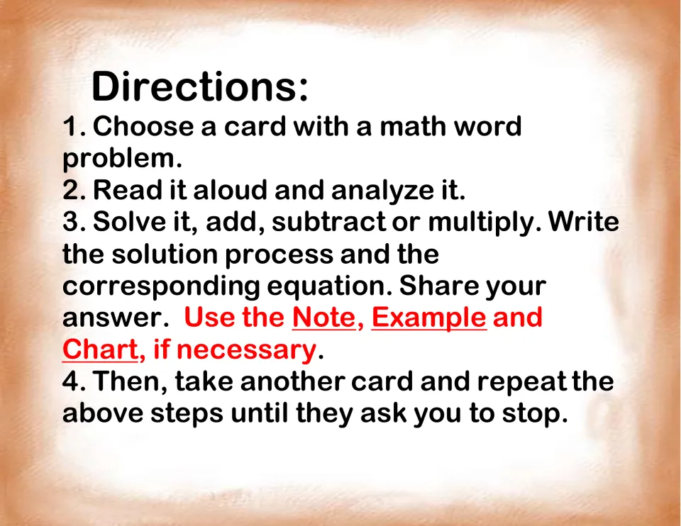 Student directions: choose a card, read it aloud, solve it, write the solution process and equation, then share the answer