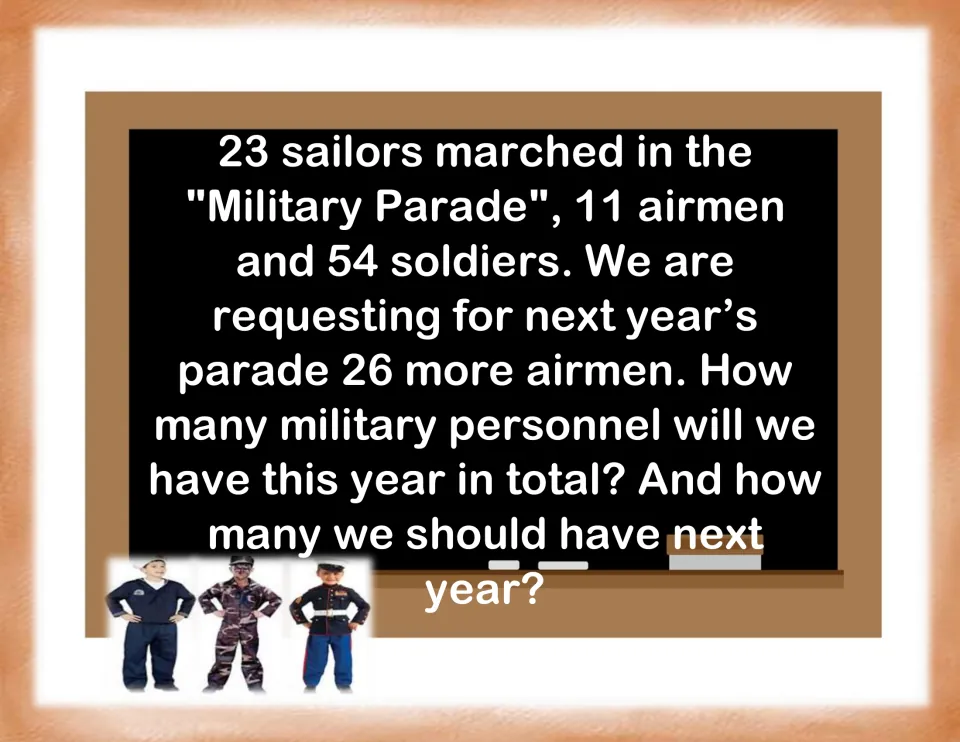 Multi-step addition card: 23 sailors, 11 airmen and 54 soldiers march in a parade; find this year's total and next year's