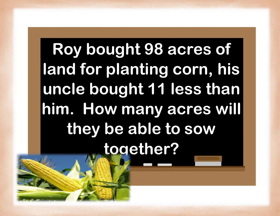 Farming card: Roy buys 98 acres and his uncle buys 11 fewer; students subtract, then add to find acres sown together