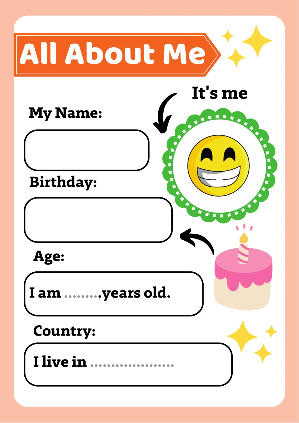 Personal details: students write their name, birthday, age and country, completing 'I am ... years old' and 'I live in'