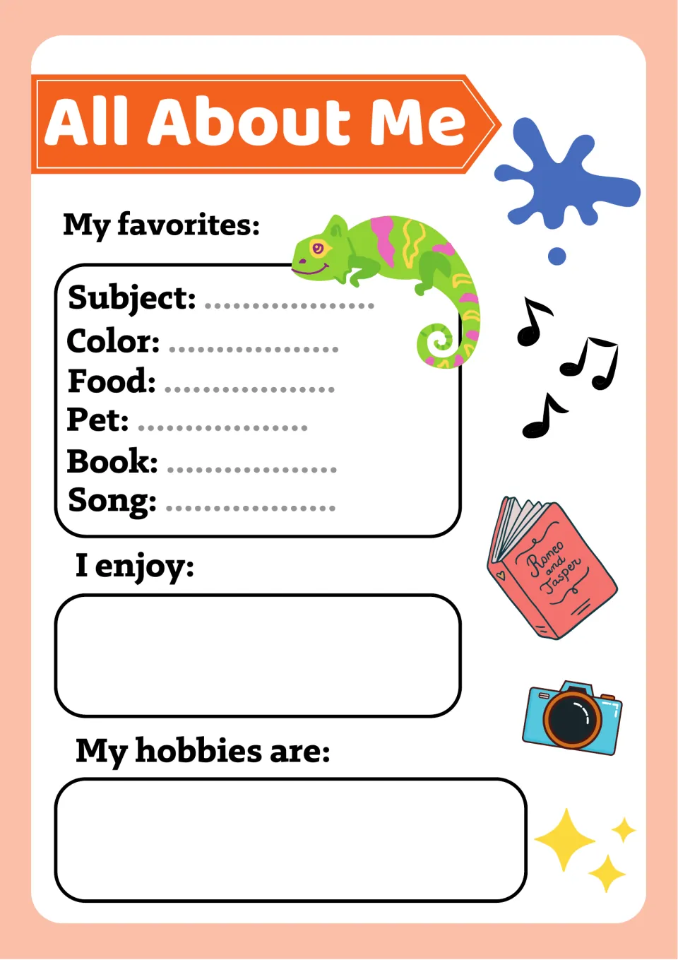 Favorites and hobbies: students list their favorite subject, color, food, pet, book and song, then write what they enjoy